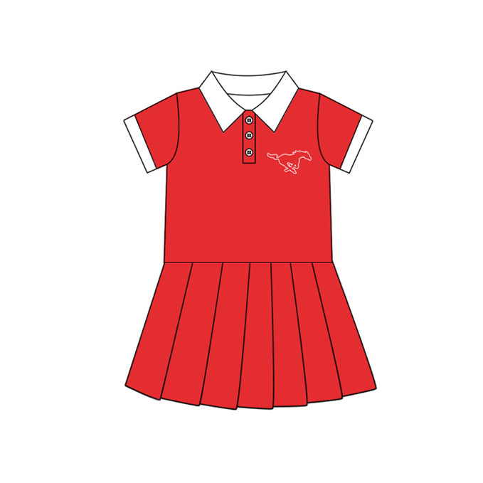 Preorder (moq 5)Baby Girls Red Short Sleeves Button Horses Team Shorts Knee Length Dresses