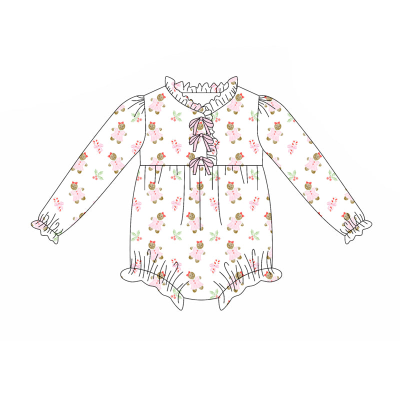 Preorder(moq 5)Baby Infant Girls Bows Candy Cane Gingerbread Ruffle Christmas Rompers