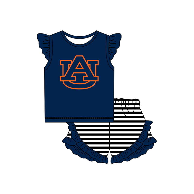 Preorder (moq 5)Baby Girls AU Top Stripe Ruffle Shorts Team Clothes Set