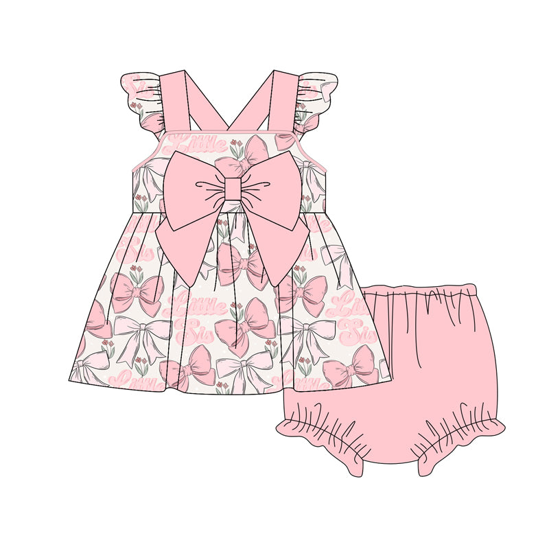 Preorder (moq 5)Baby Girls Peach Flutter Sleeves Bows Little Sis Tunic Bummies Set