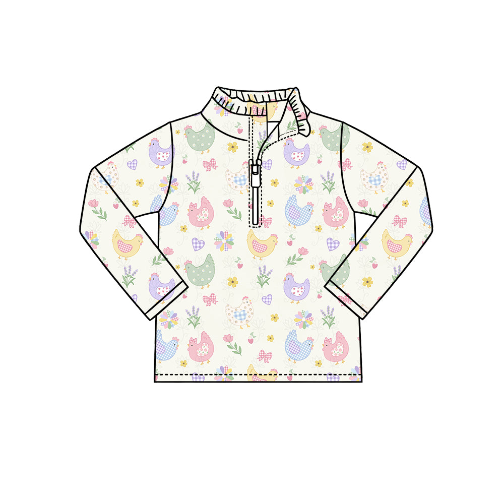 Preorder (moq 5) Baby Girl Clothes Pastel Chicken Floral Allover Print Long Sleeve Half Zip Top