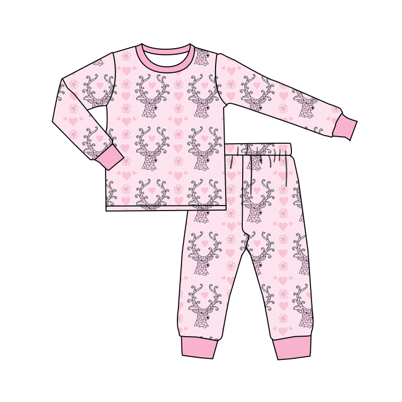 Preorder (moq 5) Baby Girl Clothes Geometric Deer Head Floral Print Long Sleeve Pajama Set