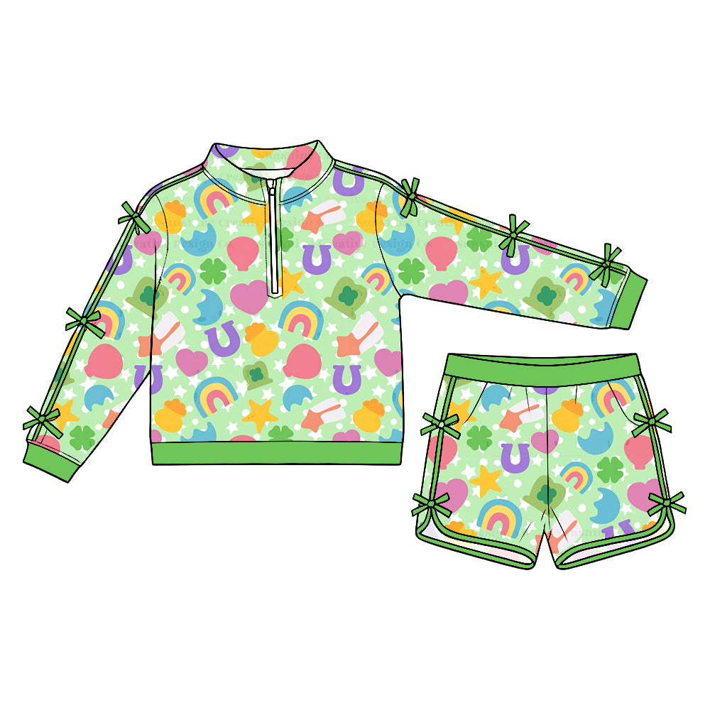 Preorder (moq5) Baby Girls Clovers Hats Rainbows Zip Pullover Pockets Short St Patrick Set