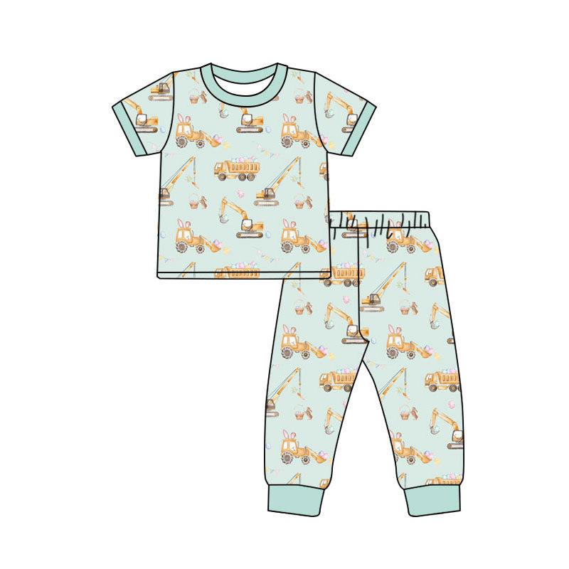 Preorder(moq 8)Baby Boys Excavators Eggs Top Pants Easter Pajamas Sets