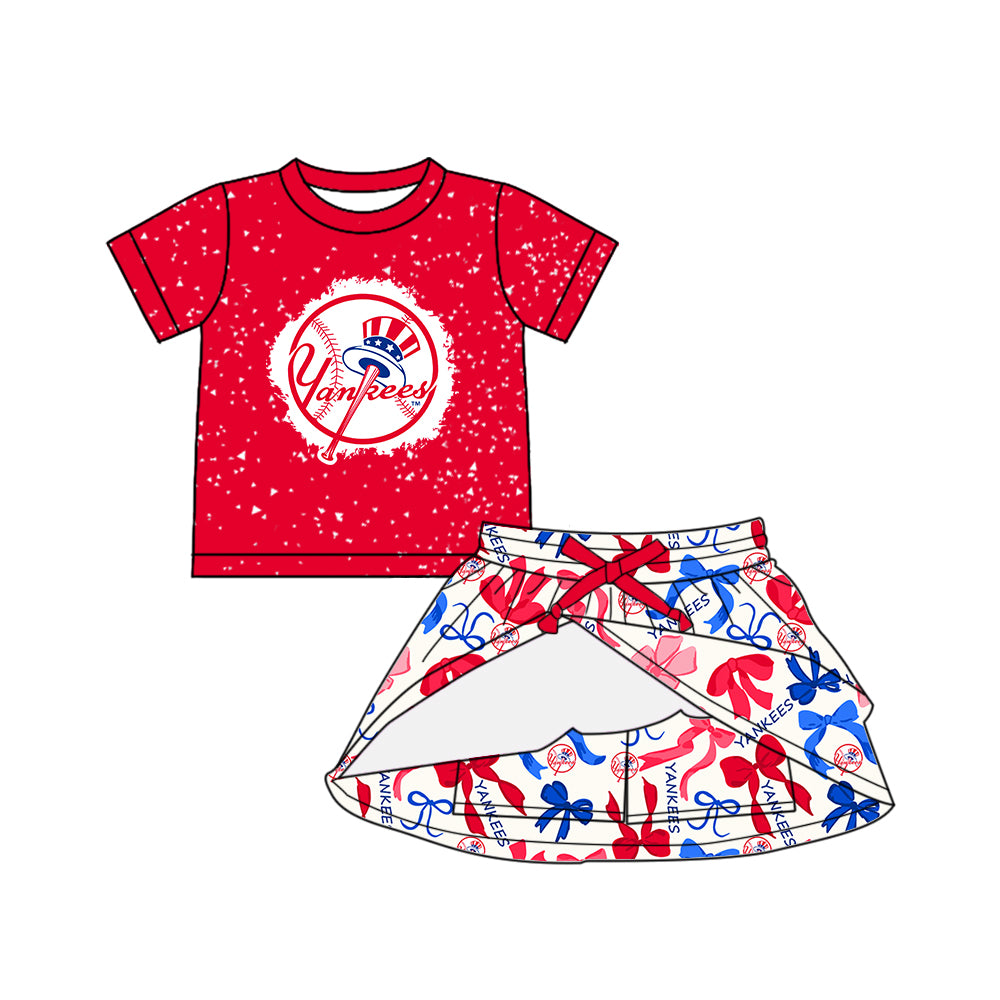 Preorder (moq 5)Baby Girls Red Short Sleeves Yankees Top Bows Plaid Skorts Team Set
