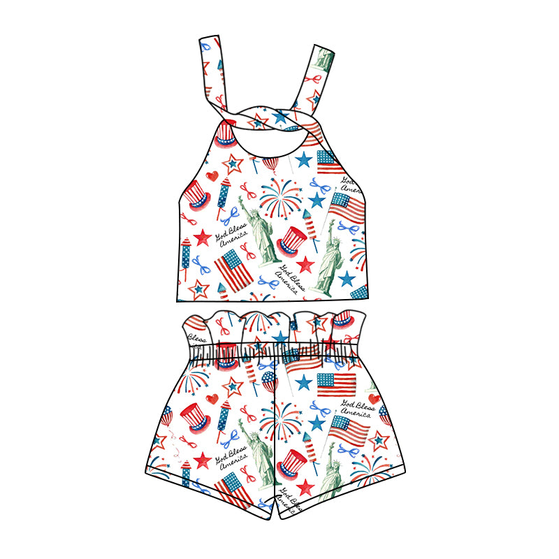 Preorder (moq 5)Baby Girls 4th Of July Flags Straps Top Shorts Clothes Sets