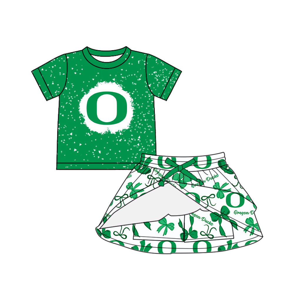 Preorder (moq 5)Baby Girls Green Short Sleeves O Top Bows Plaid Skorts Team Set