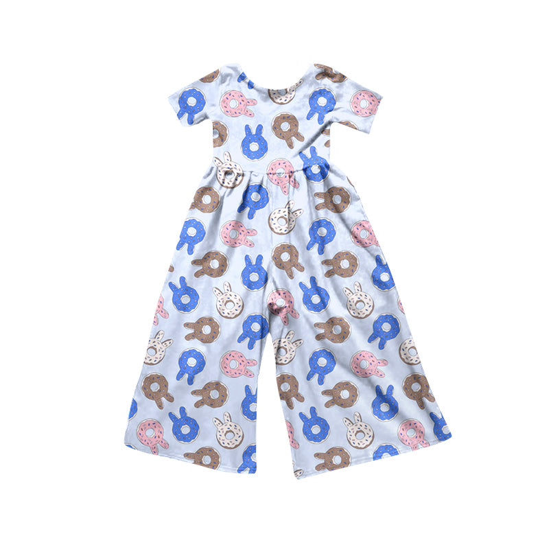 Preorder(moq5) Girls Casual Soft Short Sleeve Jumpsuit Easter Bunny Donut Print Kids One-Piece Outfit
