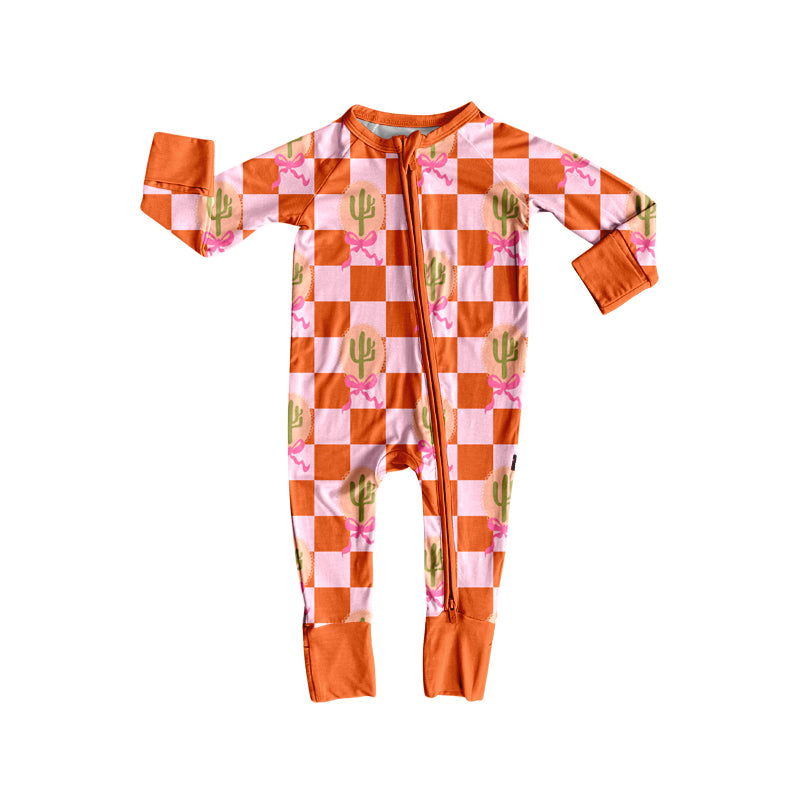 Preorder(moq 5)Baby Infant Western Pink Cactus Zipper Footie Rompers