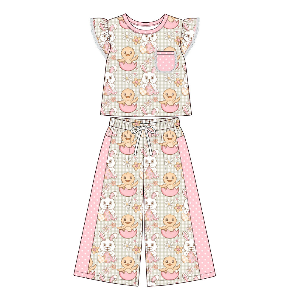 Preorder (moq 5) Baby Girl Clothes Easter Bunny Duck Gingham Mixed Print Flutter Short Sleeve Wide Leg Pant Set