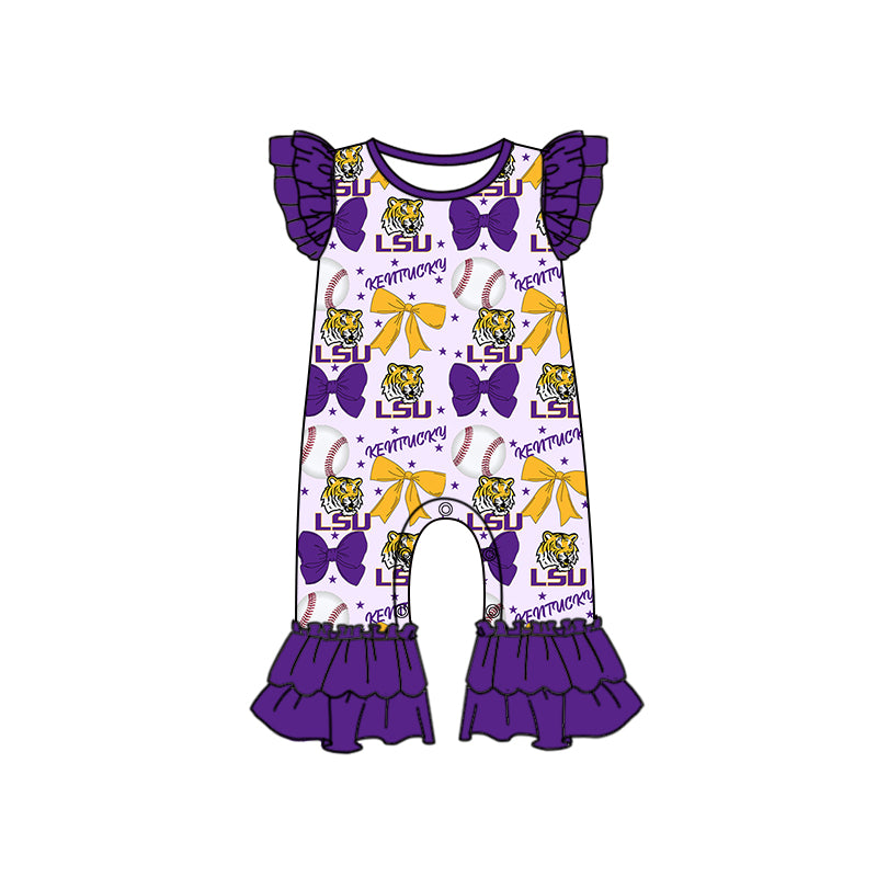 Preorder (moq 5)Baby Girls Purple Flutter Sleeves Baseball Bows LSU Tiger Ruffle Pant Team Rompers