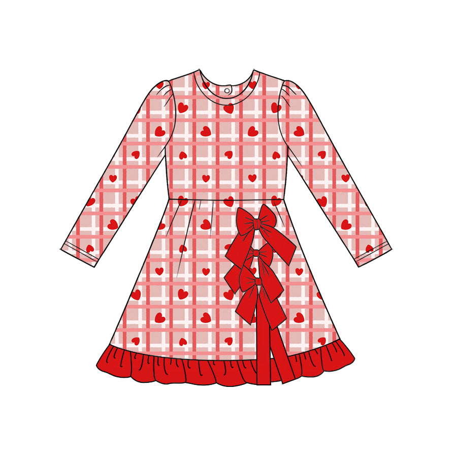 Preorder (moq 5)Baby Girls Hearts Checked Short Bows Valentines Knee Length Dress