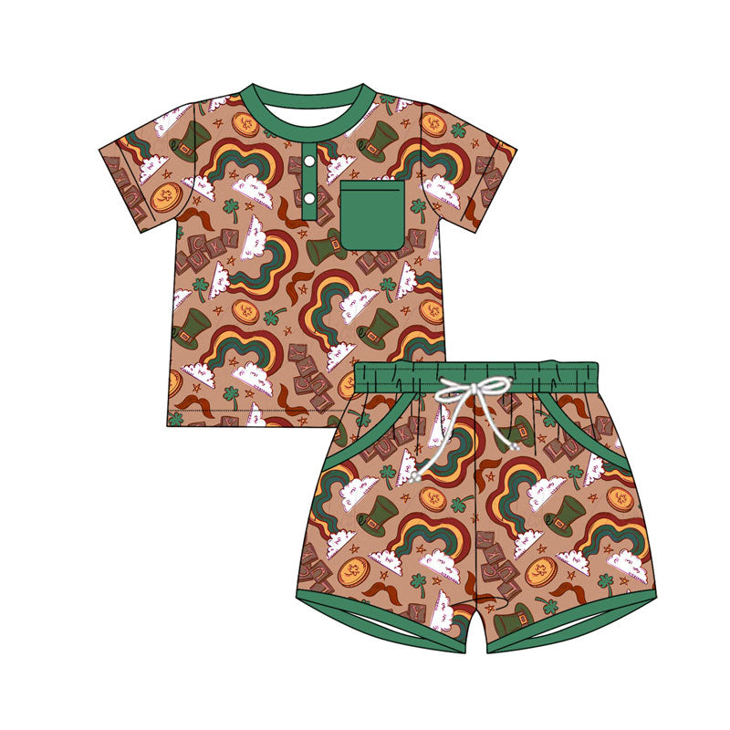 Preorder(moq 5) Baby Boys Clovers Hats Button Top Pocket Shorts St Patrick Clothes Sets