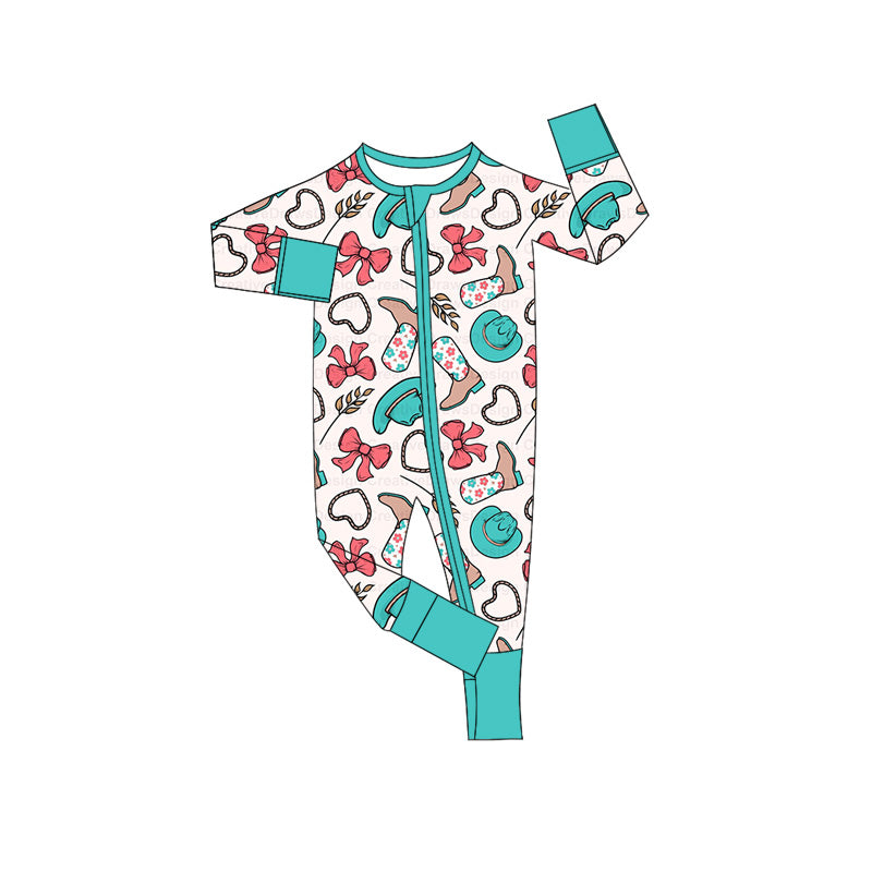 Preorder (moq 5)Baby Girls Pink Western Boots Bows Zip Long Sleeves Rompers