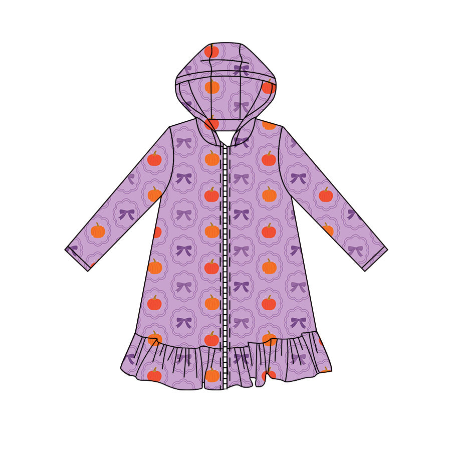 Preorder moq 5 Baby Girls Purple Bows Pumpkins Checked Fall Zip Ruffle Knee Length Dresses
