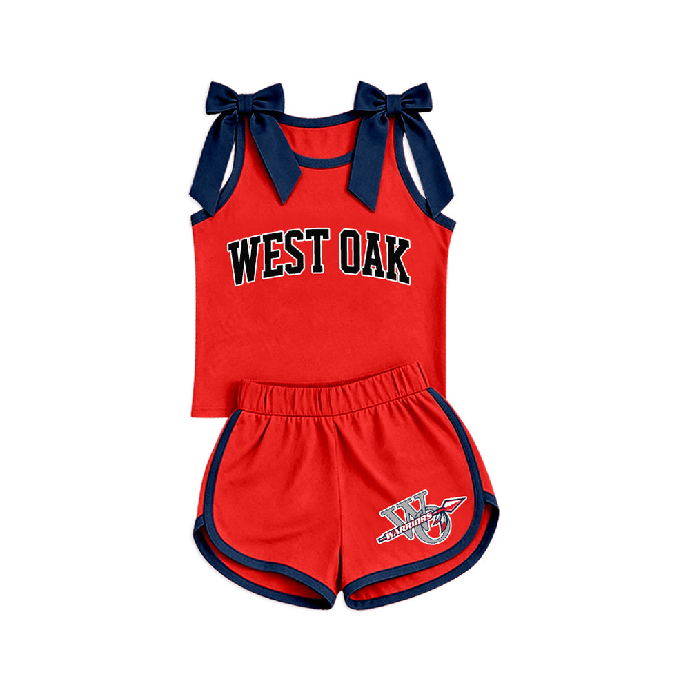 Preorder (moq 5)Baby Girls Red Navy Bows Warriors Top Short Team Clothes Set