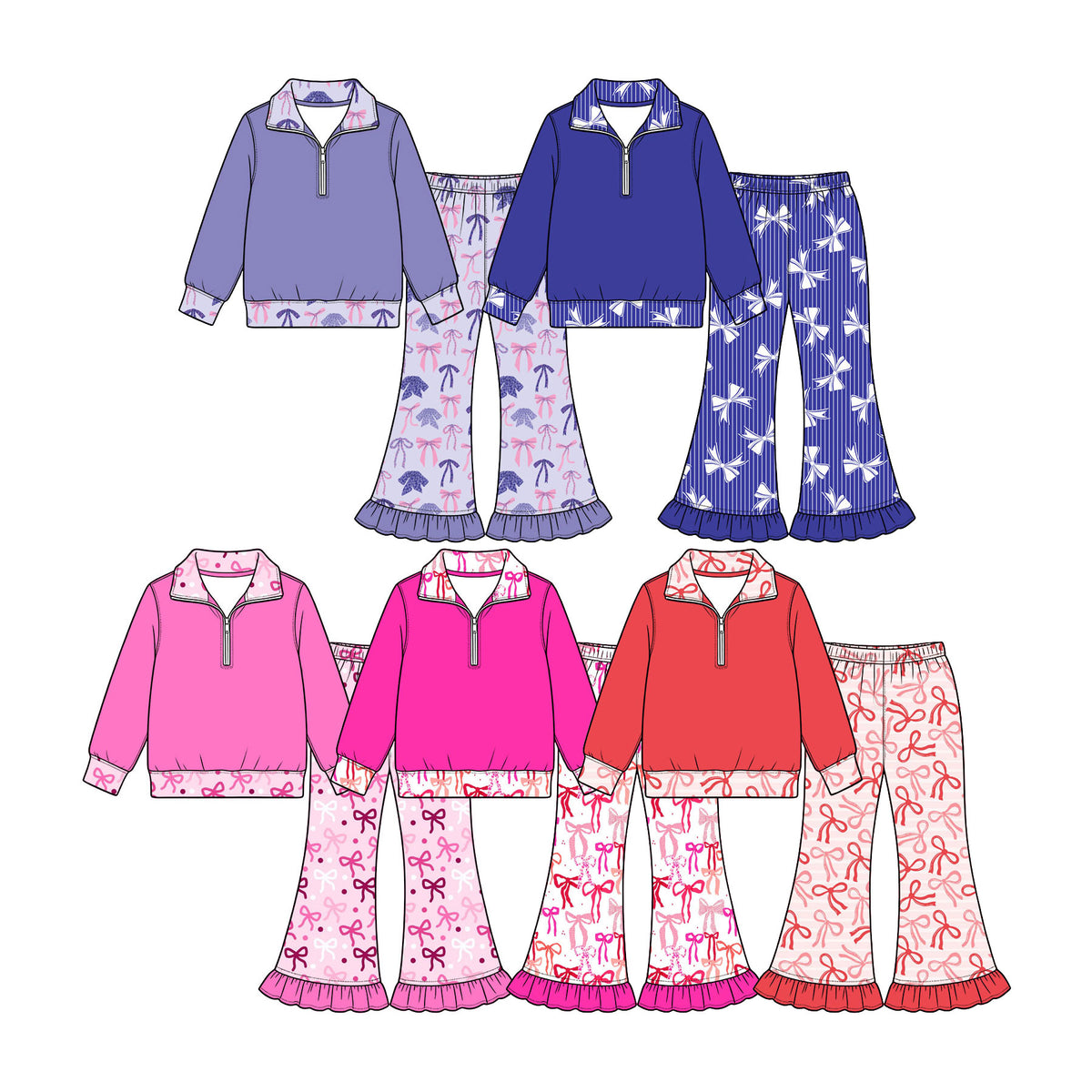 Preorder (moq 5) Baby Girl Clothes Purple Pink Bow Print Long Sleeve Quarter Zip Top Ruffle Flare Pant Set
