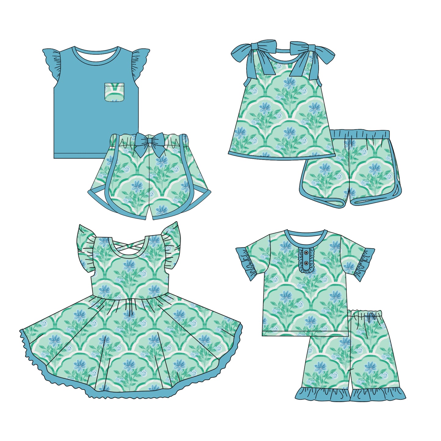 Preorder moq 5 Custom Baby Girls Green Floral Plaid Top Short Sets Knee Length Dresses