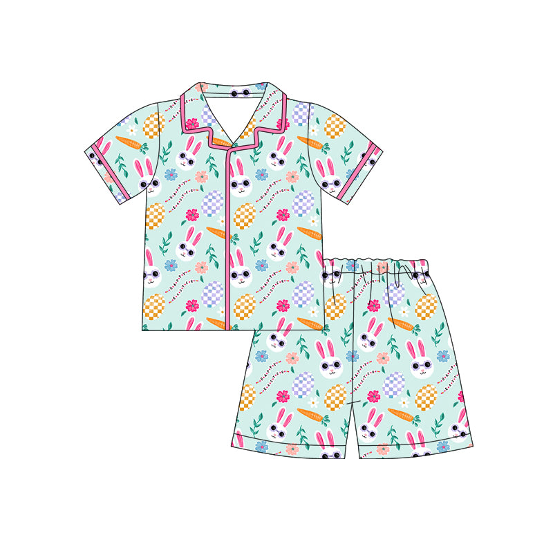 Preorder (moq 5)Baby Girls Rabbits Eggs Flowers Button Top Shorts Easter Pajamas Sets