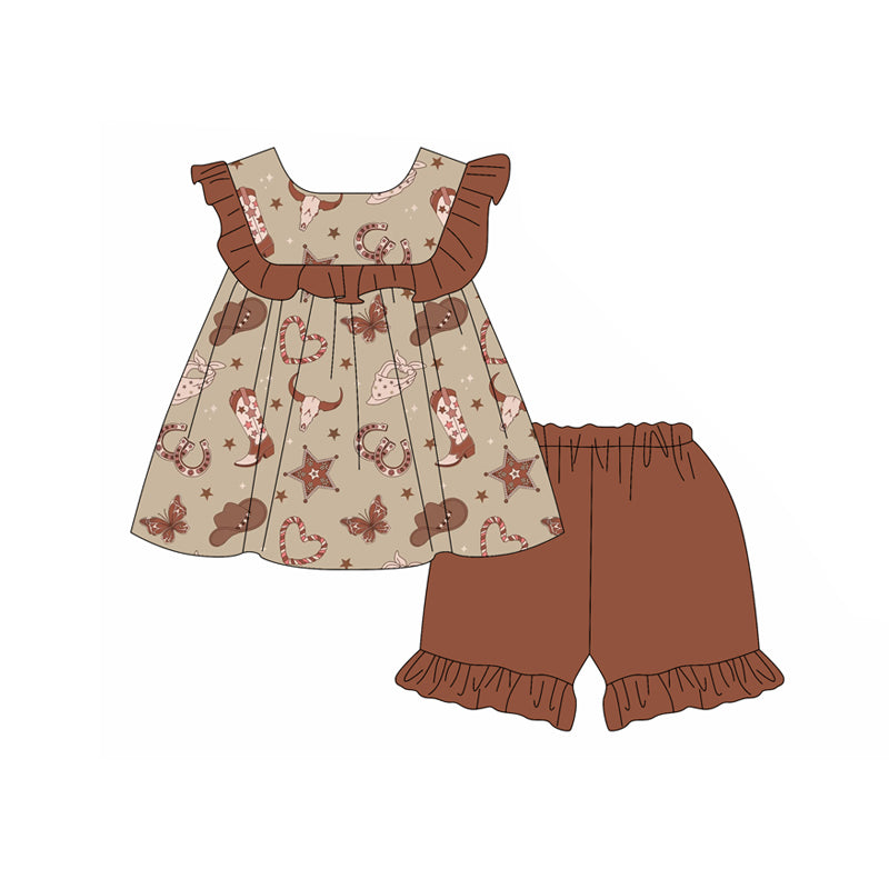 Preorder moq 5 Baby Girls Brown Sleeveless Bull Skull Boots Tunic Ruffle Short Set