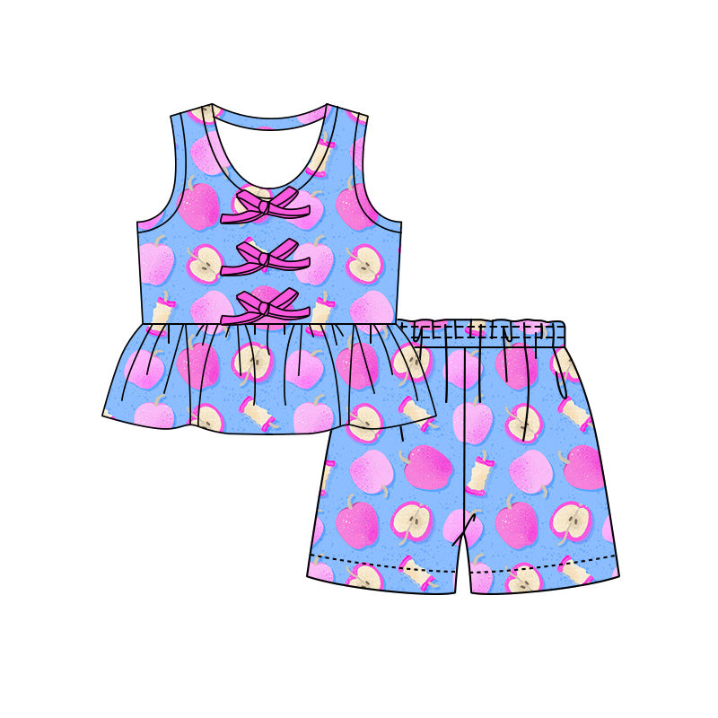 Preorder (moq 5)Baby Girls Apples Button Tunic Shorts Back to School Clothes Set