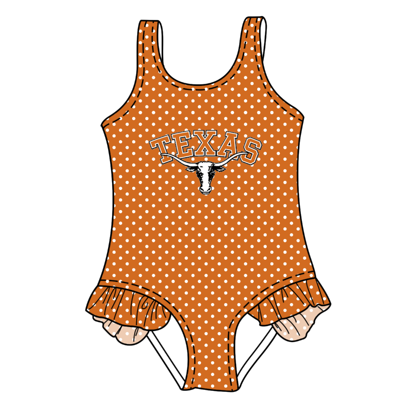 Preorder moq 5 Baby Girls Sleeveless Orange Polka Dots Texas Team Swimsuits