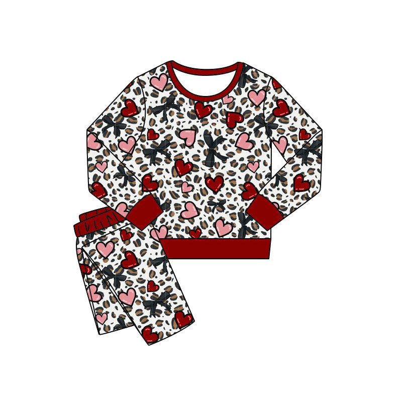 Preorder(moq 5) Baby Girls Leopard Bows Hearts Pants Valentines Pajamas Sets