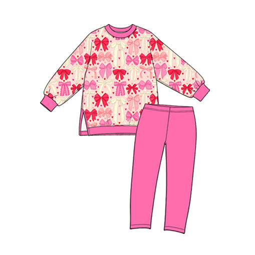 Preorder (moq 5) Baby Girl Clothes Multi Red Bow Full Print Long Sleeve Tunic Top Legging Pant Set