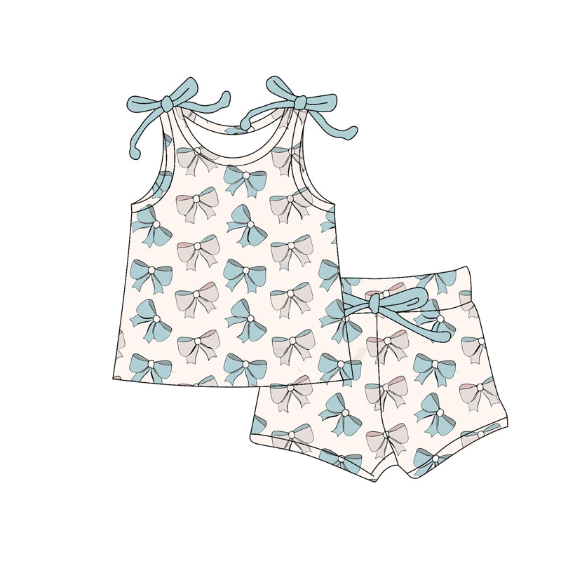 Preorder (moq 5)Baby Girls Blue Bows Plaid Top Shorts Clothes Sets