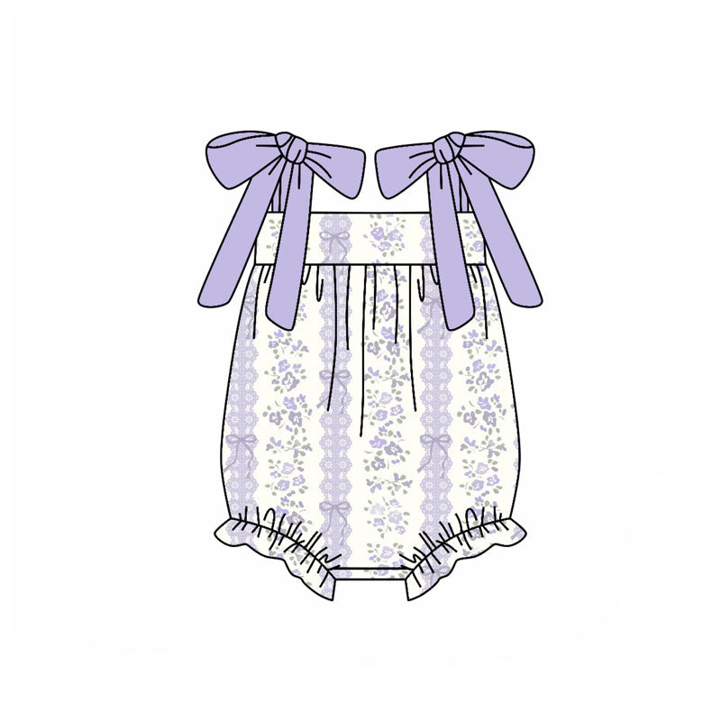 Preorder (moq 5)Baby Boys Lavender Strap Bows Flowers Stripe Ruffle Rompers