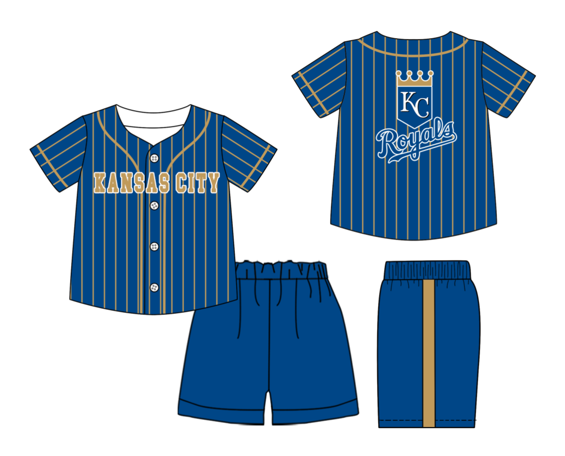 Preorder (moq 5)Baby Boys Gold Stripe Kansas City Button Top Shorts Team Clothes Sets