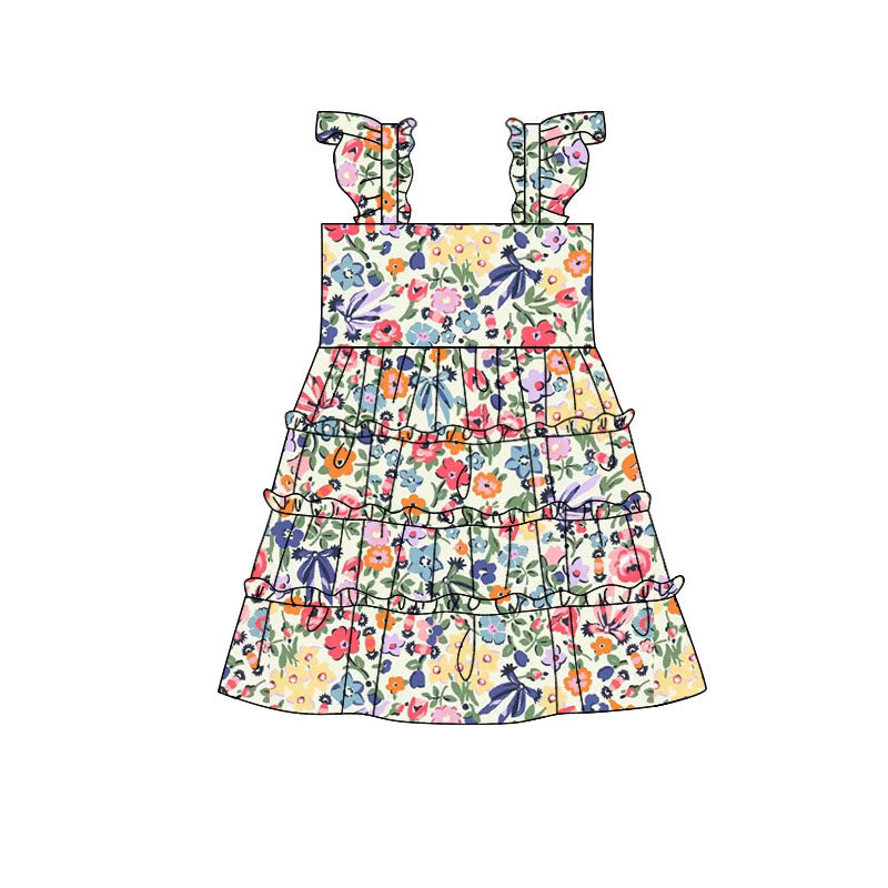 Preorder(moq 5) Baby Girls Colorful Floral Patchwork Knee Length Dresses