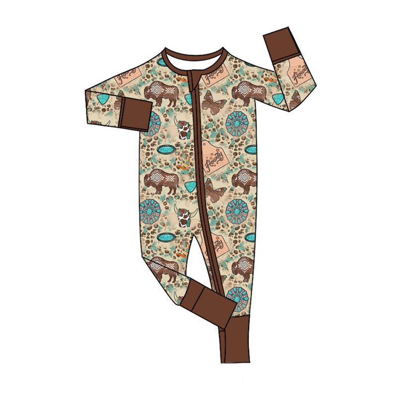 Preorder (moq 5)Baby Boys Aztec Cows Turquoises Western Two Way Zip Convertible Rompers