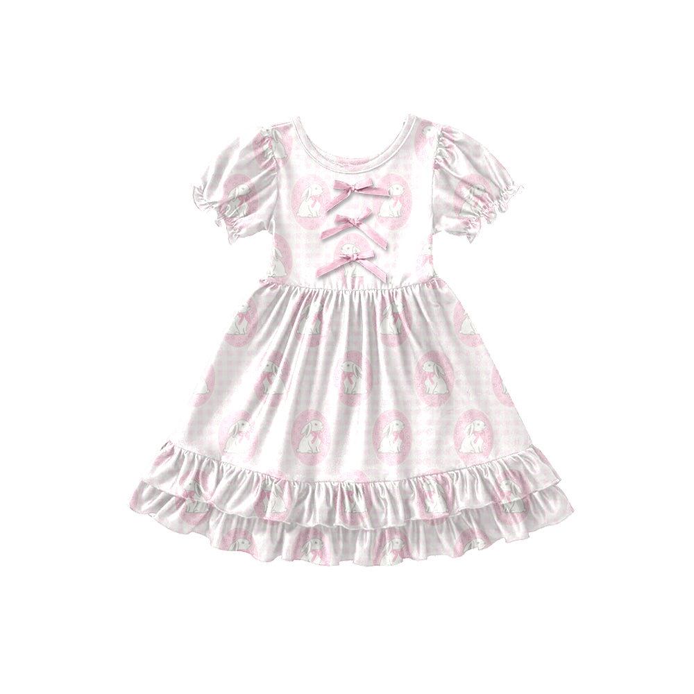 Preorder (moq 5)Baby Girls Pink Checked Rabbits Easter Ruffle Knee Length Dresses