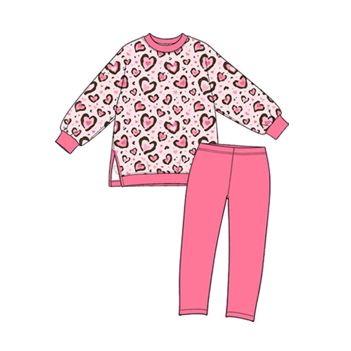 Preorder (moq 5) Baby Girl Clothes Leopard Heart Mixed Print Long Sleeve Tunic Top Legging Pant Set