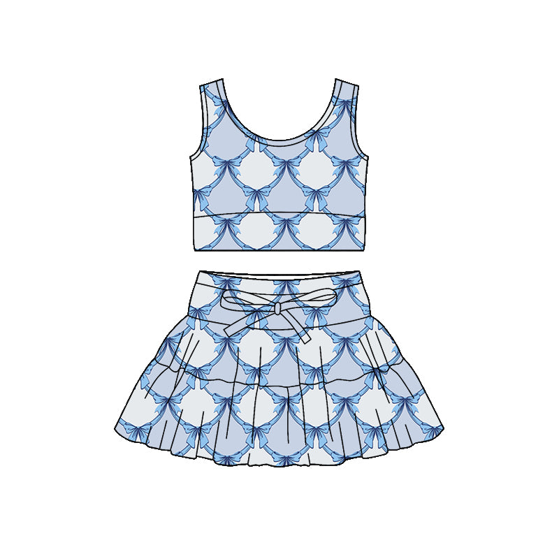 Preorder (moq 5)Baby Girls Sleeveless Blue Bows Checked Vest Top Skirt Shorts Clothes Sets