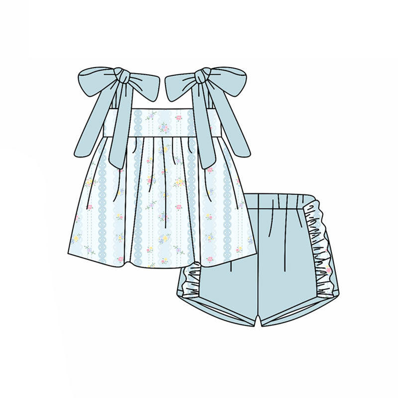 Preorder(moq 5) Baby Girls Aqua Strap Flowers Stripe Tunic Ruffle Shorts Clothes Sets