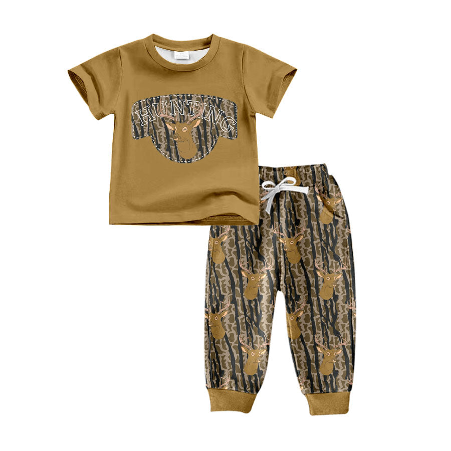 Preorder (moq 5)Baby Boys Deer Olive Camo Top Pockets Jogger Pants Hunting Clothes Sets