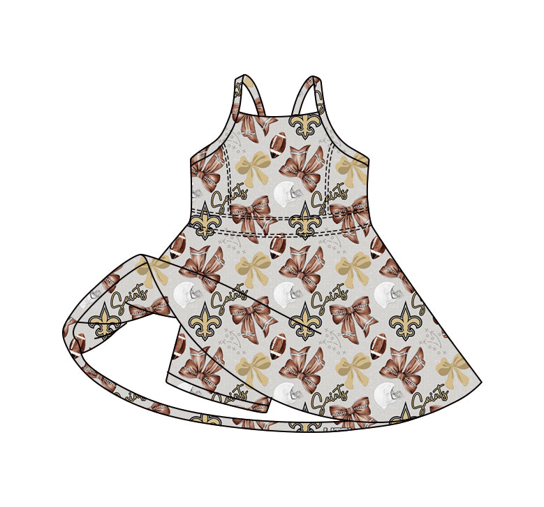 Preorder (moq 5)Baby Girls Strap Bows Footballs Anchors Team Shorts Knee Length Dresses