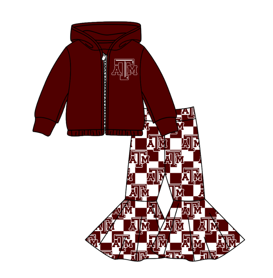 Preorder(moq 5) Baby Girls Red ATM Zipper Hoodie Jacket Bell Bottom Pants Team Clothes Sets