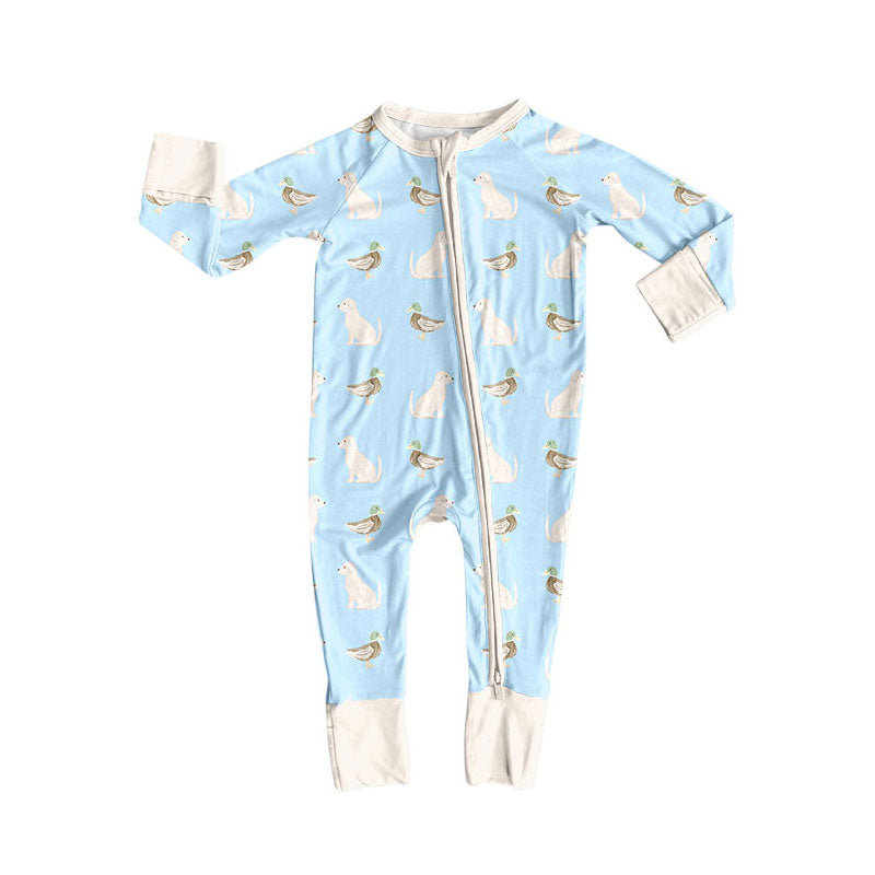 Preorder (moq 5)Baby Girls Ducks Dogs Hunting Zipper Footie Rompers