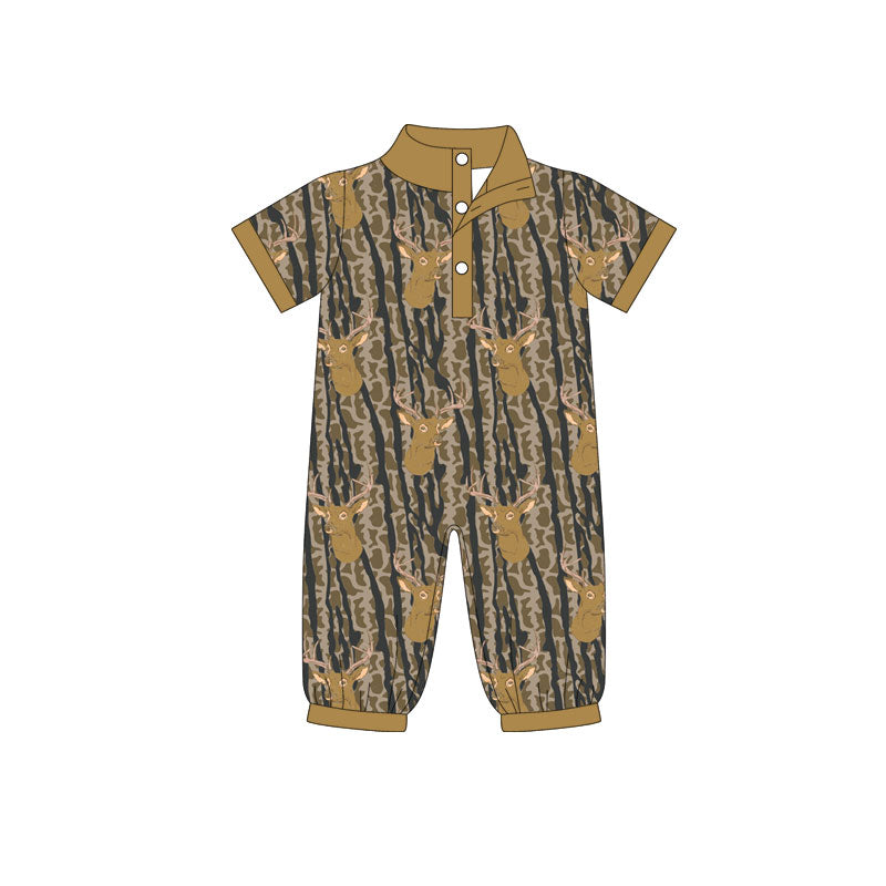 Preorder (moq 5)Baby Boys Deer Olive Camo Button Hunting Footie Rompers