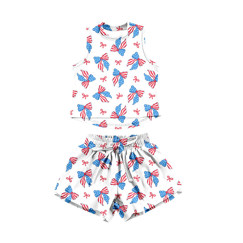 Preorder moq 5 Baby Girls Sleeveless Flags Bows Top Short 4th of July Clothes Sets
