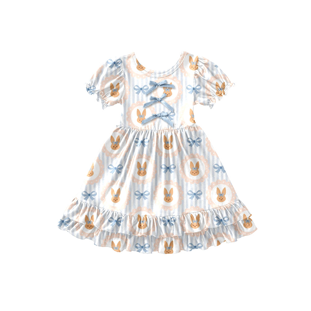 Preorder (moq 5)Baby Girls Blue Stripe Rabbits Bows Easter Ruffle Knee Length Dresses