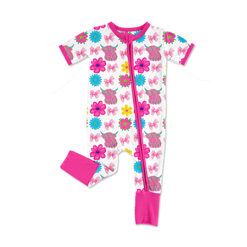 Preorder (moq 5)Baby Girls Highland Cows Flowers Western Two Way Zipper Convertible Rompers