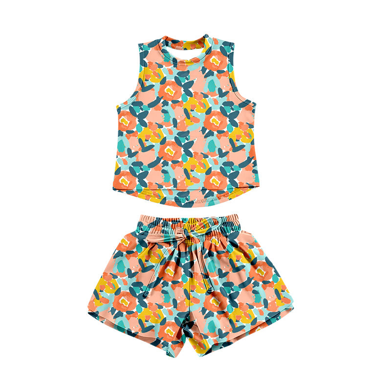 Preorder (moq 5)Baby Girls Sleeveless Colorful Floral Top Shorts Clothes Set
