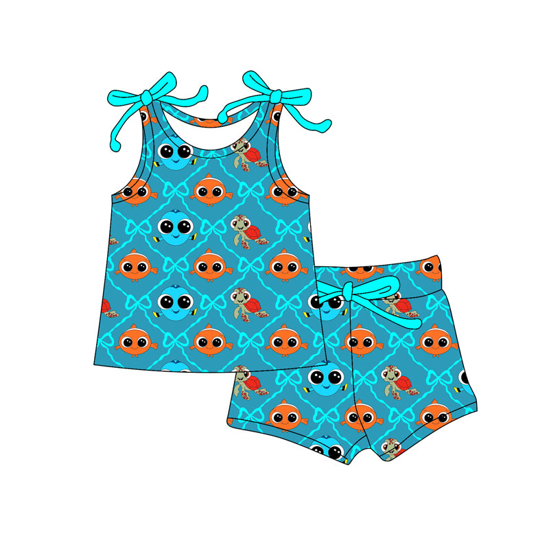 Preorder (moq 5)Baby Girls Cartoon Fishes Bows Checked Top Shorts Clothes Sets