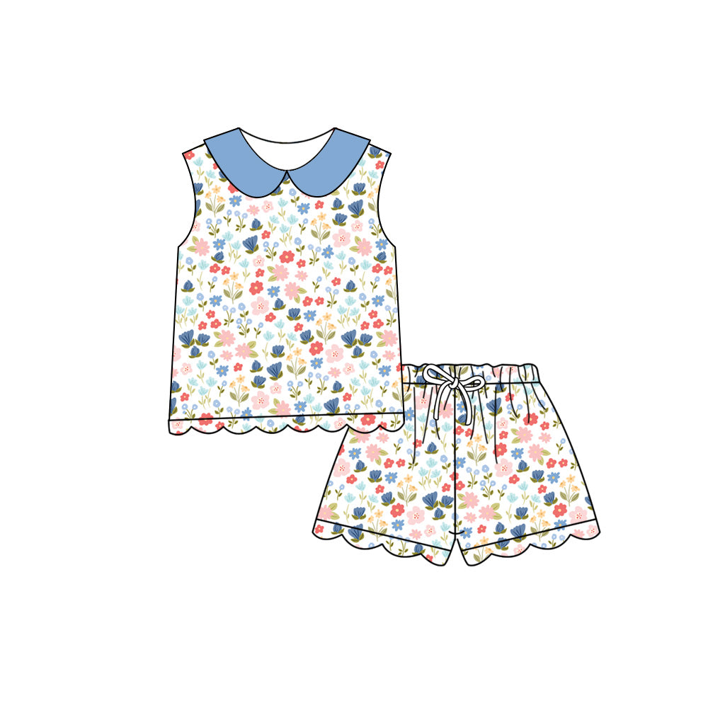 Preorder (moq 5)Baby Girls Colorful Flowers Collar Top Scallop Shorts Clothes Sets