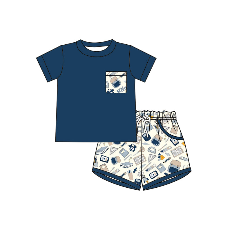 Preorder (moq 5)Baby Boys Shirts Book Pencils Pockets Short Back to School Clothes Sets