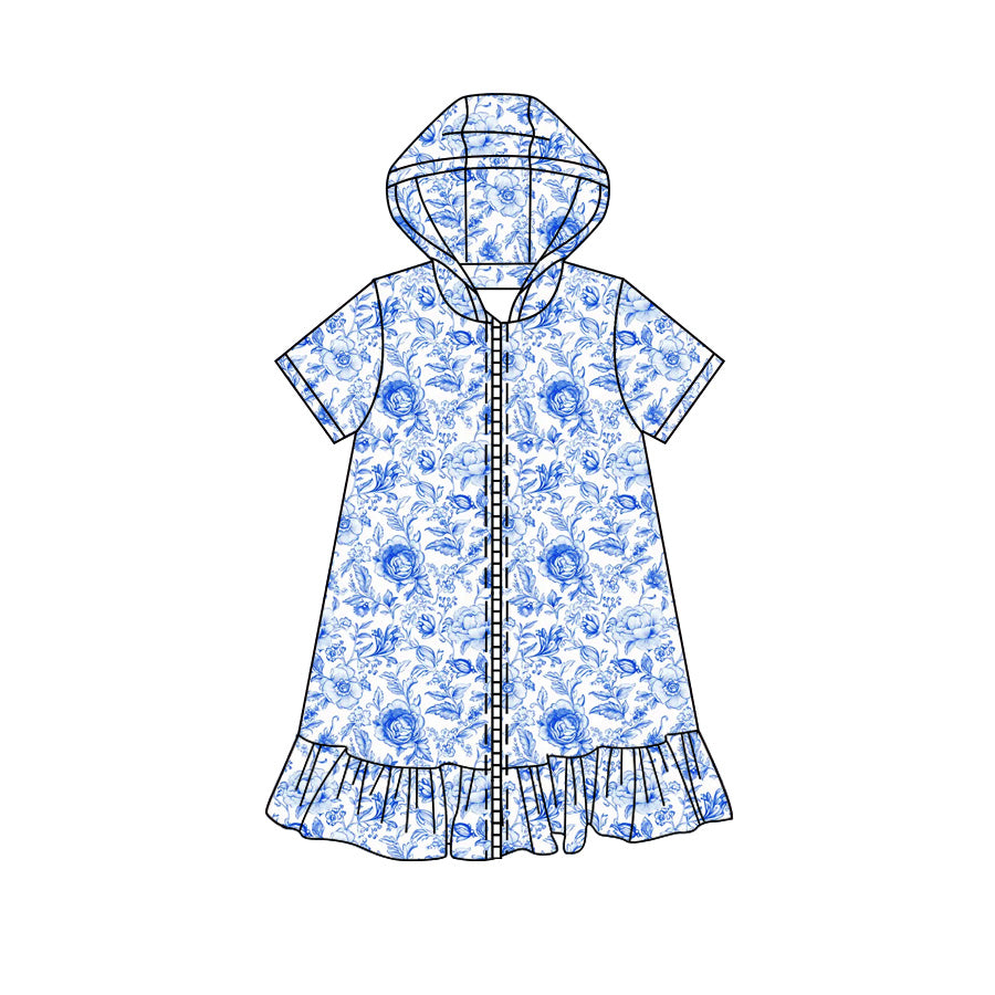 Preorder moq 5 Baby Girls Short Sleeve Blue Flowers Fall Zip Ruffle Knee Length Dresses